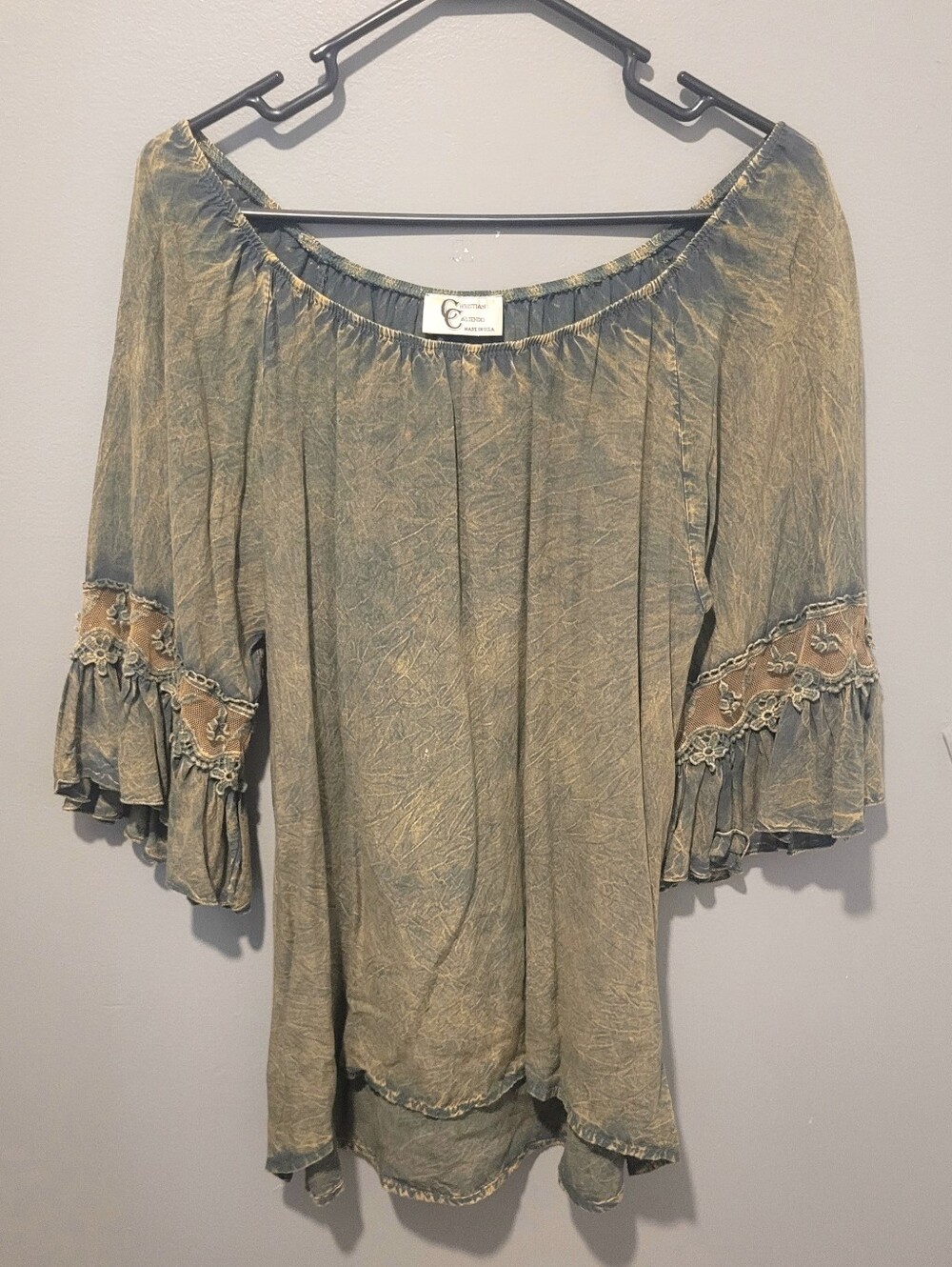Christian Caliendo Boho Off On Shoulder Green Lace Trim Peasant Top Sz M